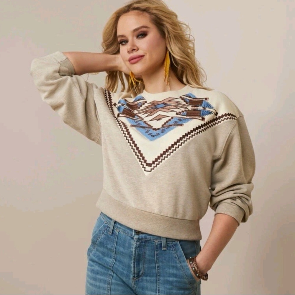 Ariat Chimayo Embroidered Sweatshirt Women XL Beige Western Boho Cowgirl